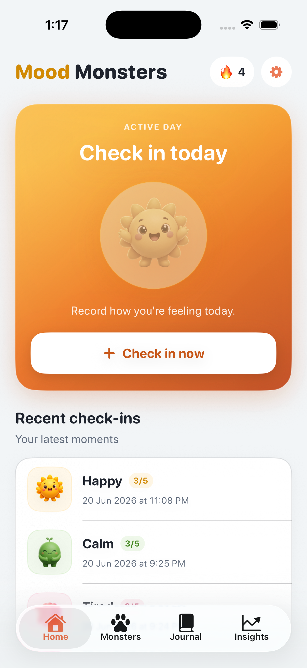 Mood Monsters app home screen showing a calm monster check-in and recent mood history.
